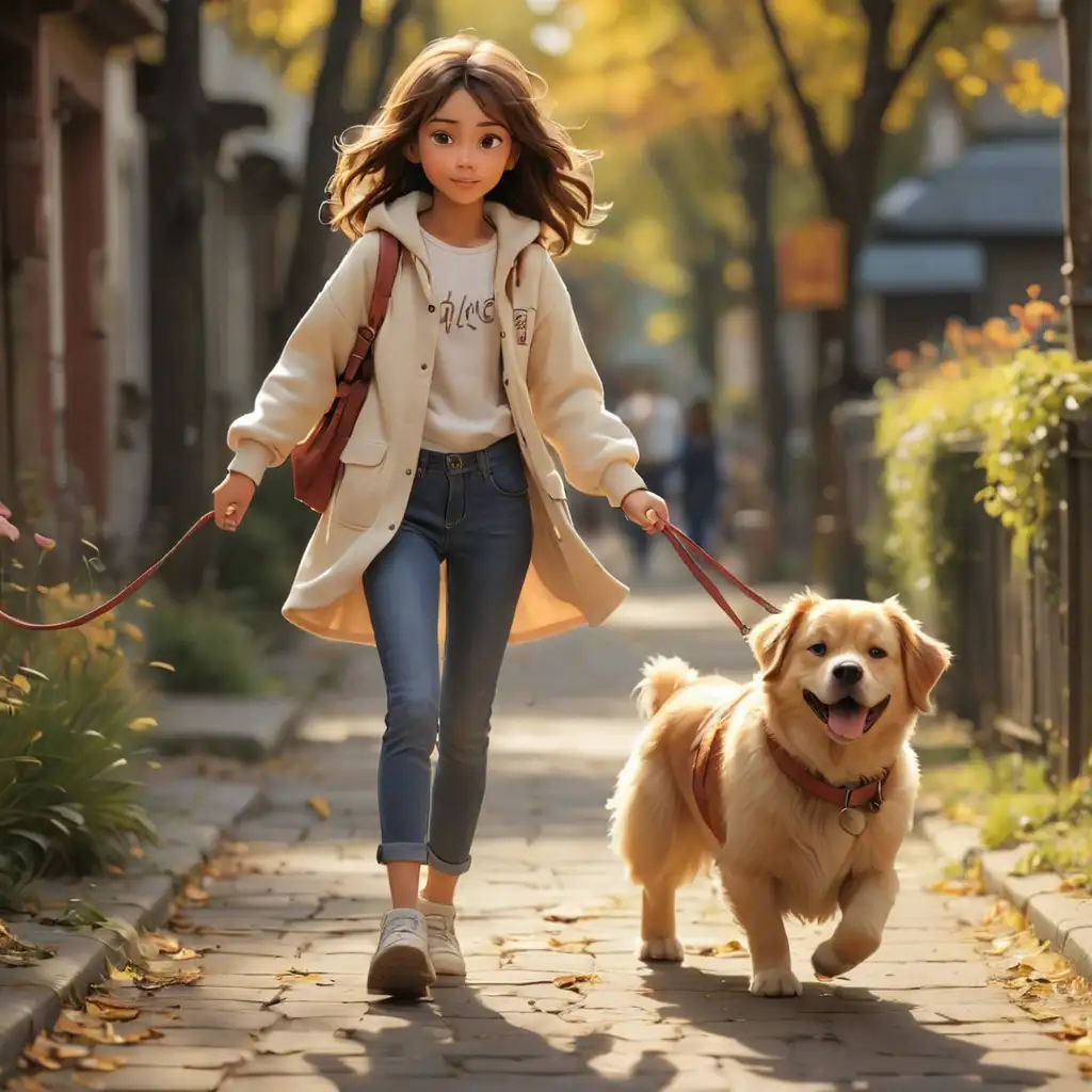 Girl Walking a Dog in a Sunny Park