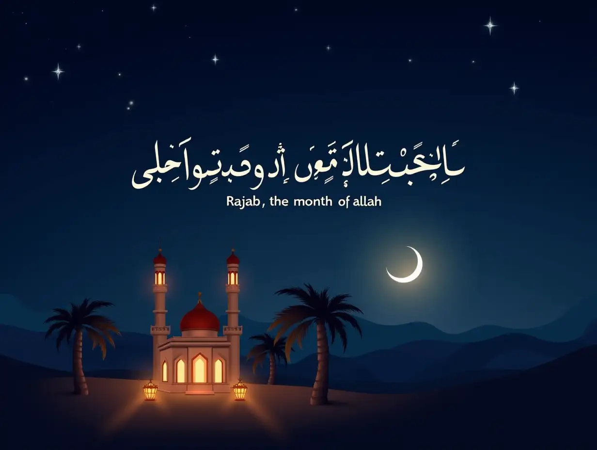 A serene night sky with a crescent moon and twinkling stars, symbolizing the sacred month of Rajab in Islam. A peaceful mosque with glowing lanterns stands in the foreground, surrounded by palm trees. In the background, calligraphy in elegant Arabic script displays 'Rajab – The Month of Allah' (رجب – شهر الله). The atmosphere is calm and spiritual, evoking a sense of divine reflection and preparation for Ramadan.