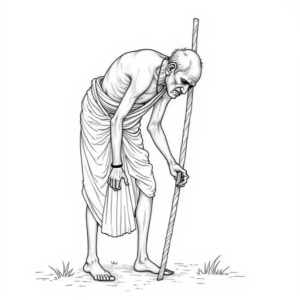 Elderly Indian Man in Traditional Attire Leaning with Cane