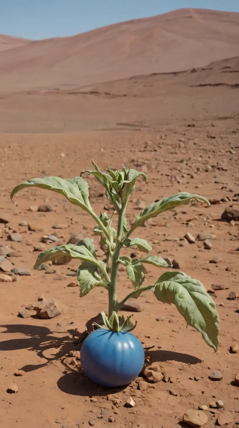 Blue Tomato on Mars Surreal Martian Landscape with Vibrant Blue Tomato