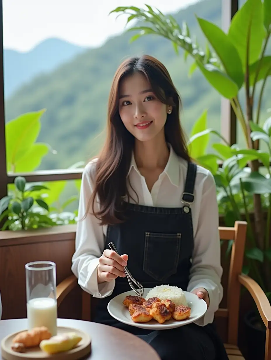 Korean-Woman-Enjoying-Meal-on-Balcony-with-Mango-Tree-and-Mountain-Views