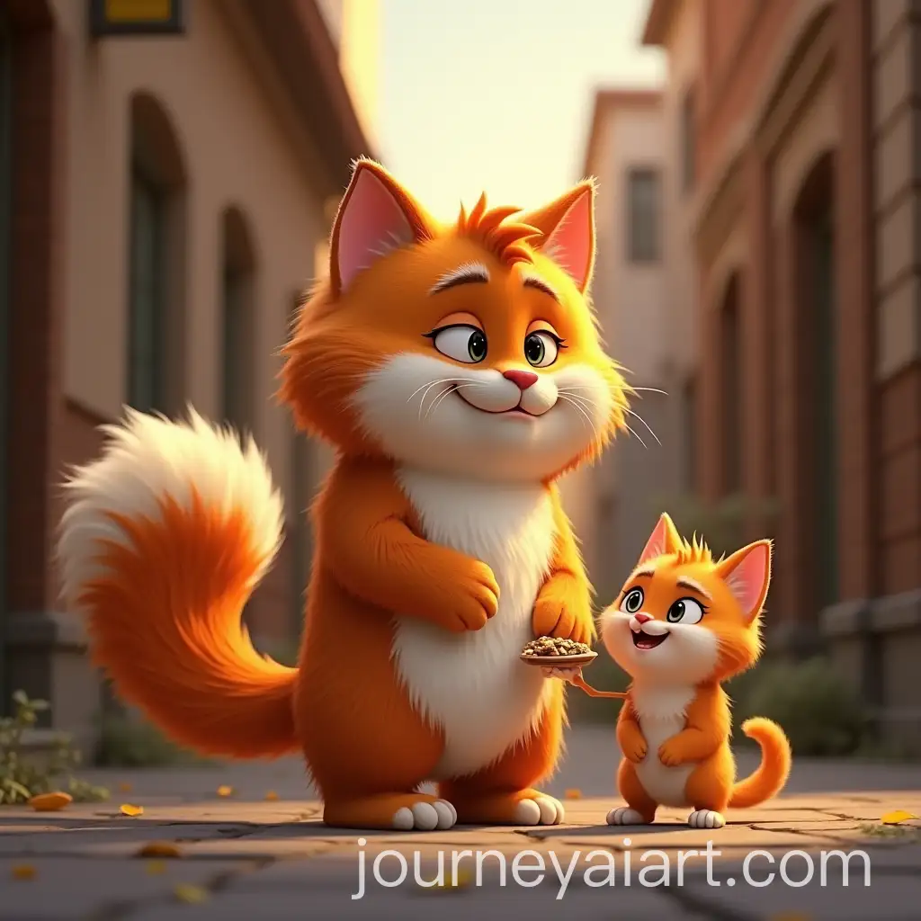 Fluffy-OrangeAI-Image-Expansion-and-White-Cat-Helping-Hungry-Kitten-in-Alley-Pixar-3D-Style