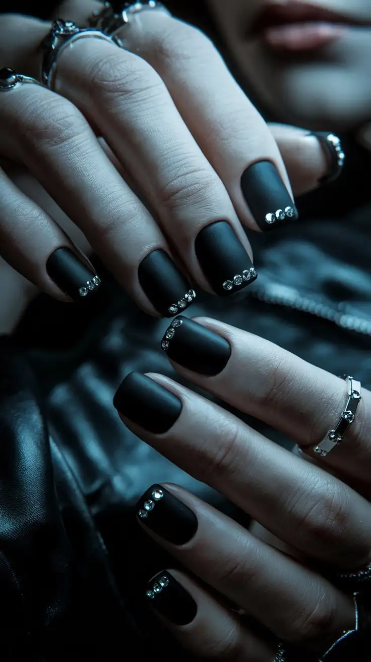 CloseUp-of-Matte-Black-Nails-with-Silver-Rhinestones-and-Rings-in-Low-Lighting