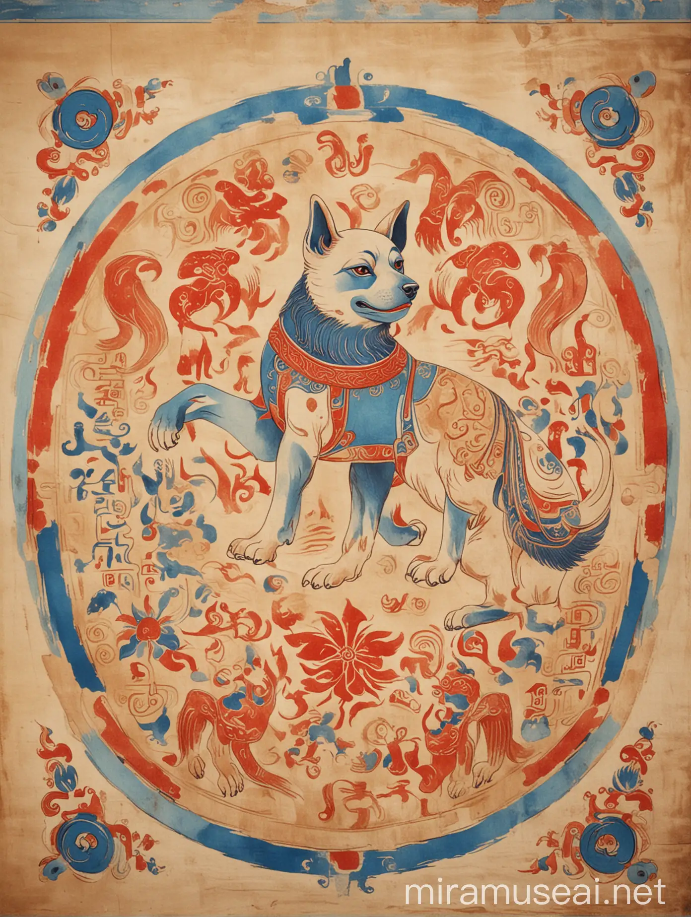 Dunhuang Style Zodiac Illustration Dog in Chinese Red and Prussian Blue