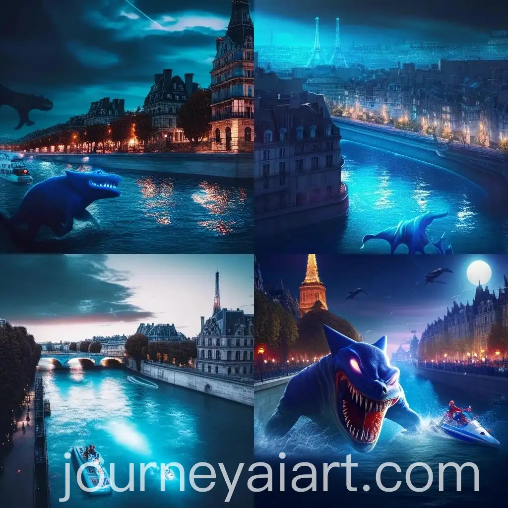 Superhero-Duo-HumanBodied-Shark-and-Lion-Overlooking-Paris-Cityscape