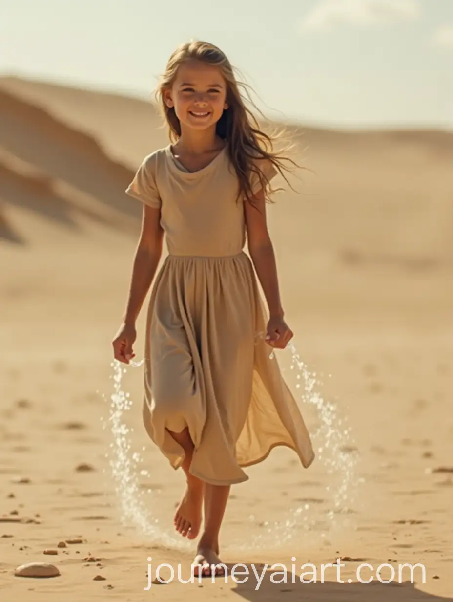 Girl-Walking-in-a-Dry-Desert-with-Water-Droplets-in-the-Background
