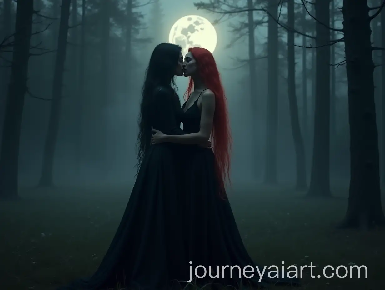 Dark-Witches-Embracing-Under-Full-Moon-in-Foggy-Forest
