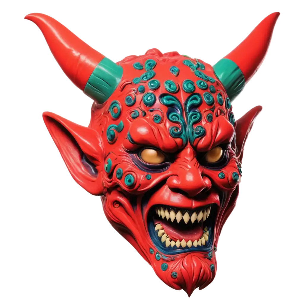 Intense-Demonic-Hannya-Mask-PNG-Fiery-Red-with-Chroma-Key-Green-Background