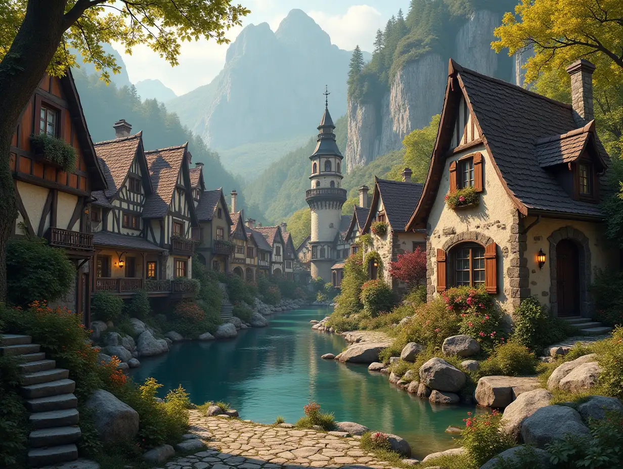 Cozy fairy tale town in a fantasy style