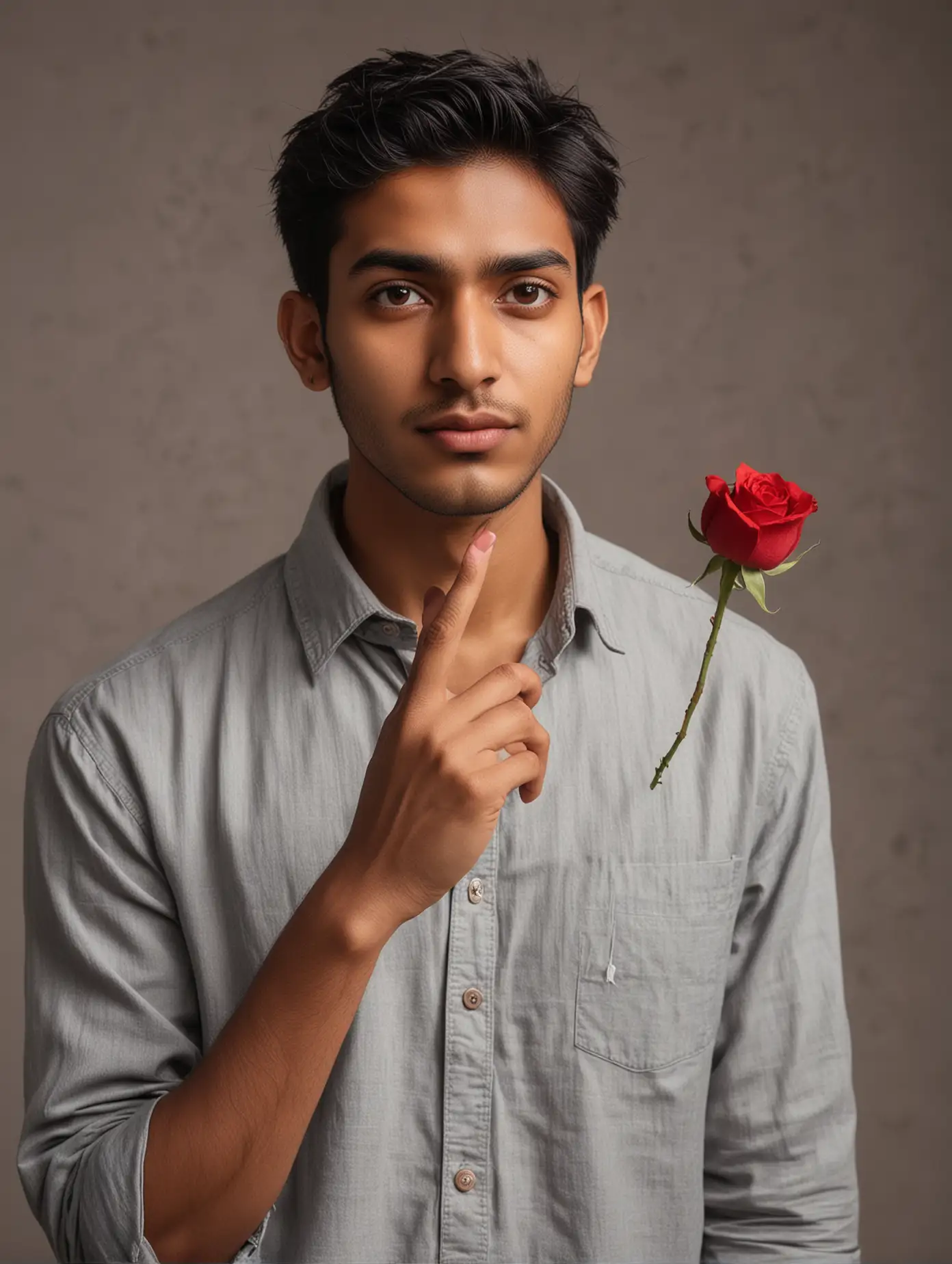 Indian-Man-Apologizing-with-Red-Rose-in-Hand-Against-Bright-Orange-Background