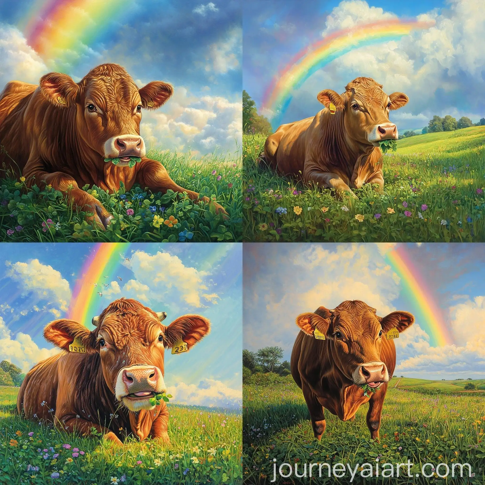 Tranquil-Brown-Cow-Grazing-Beneath-Vibrant-Rainbow