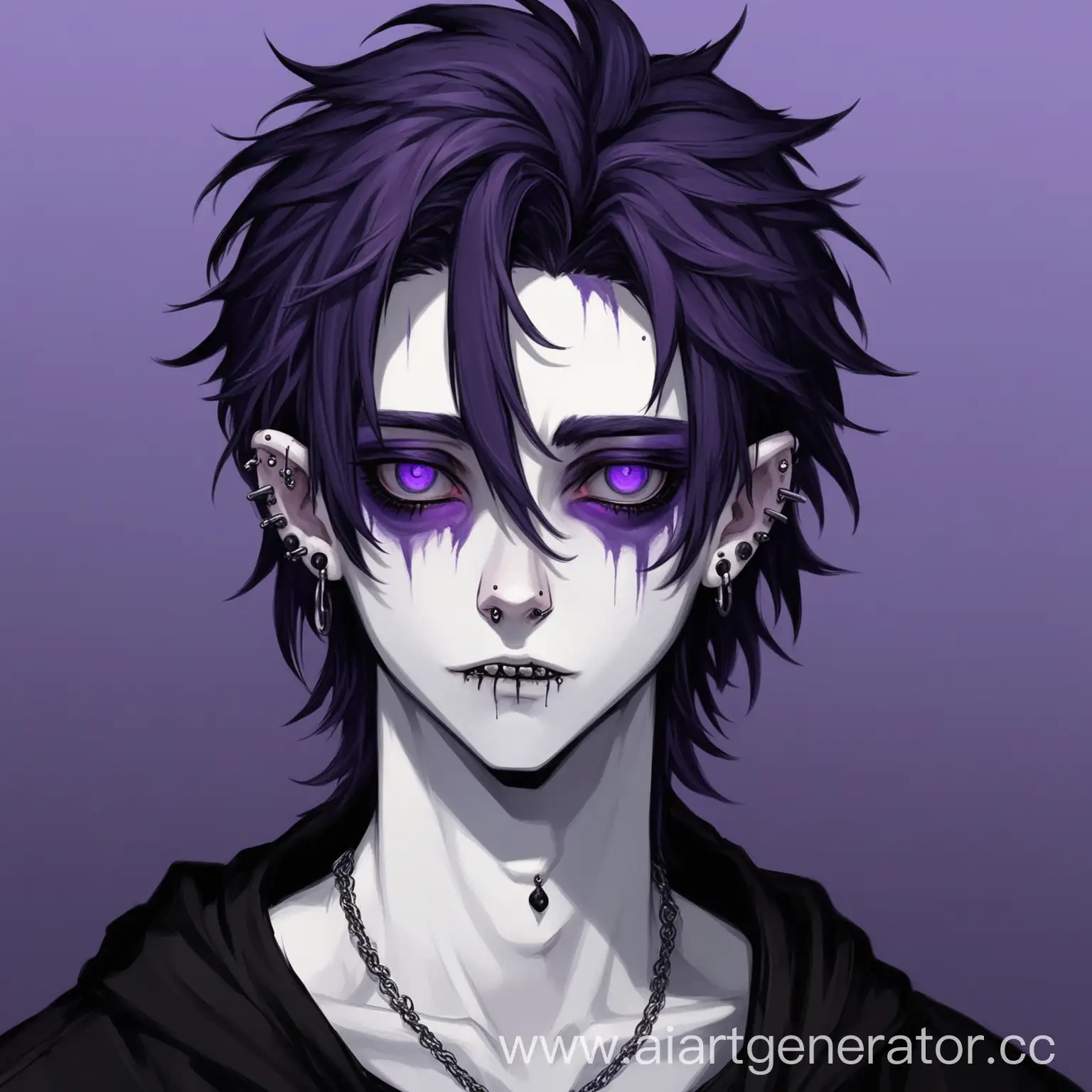 Colt is a young man aged 20-24 with a slim build and long, possibly slightly messy hair. He has pale skin, accentuated by purple shadows and makeup around his eyes. He has piercings in his ears.