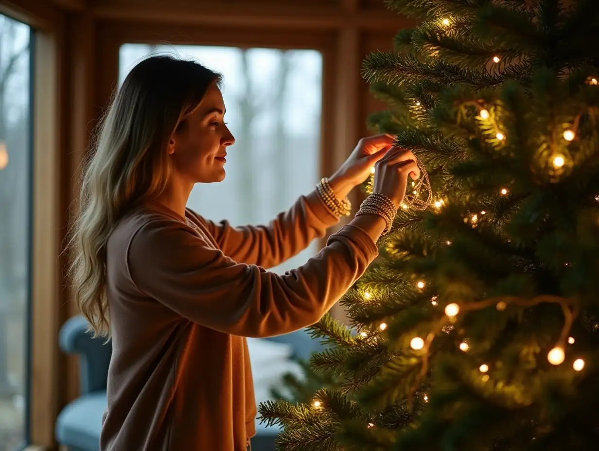 A photo-realistic image. A young woman, around 30 years old, is winding a garland with warm white light on an artificial green Christmas tree. The lower part of the tree is already decorated and lit up, while the upper half of the tree is still green and not lit. The woman has a garland wrapped in the shape of a ring in her hands. The tree stands in a cozy wooden house with large windows, through which soft daylight comes in. Both the tree and the woman are fully visible. There's a warm and cozy atmosphere that highlights the festive mood.