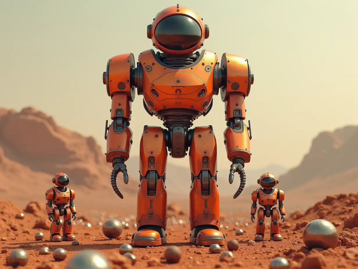 Create a high-resolution, realistic image of the artificial intelligence Robert, 40 meters tall, with small robots, made of red gold, screws and many rusty glass marbles on the ground, on Mars in 4k resolution with...