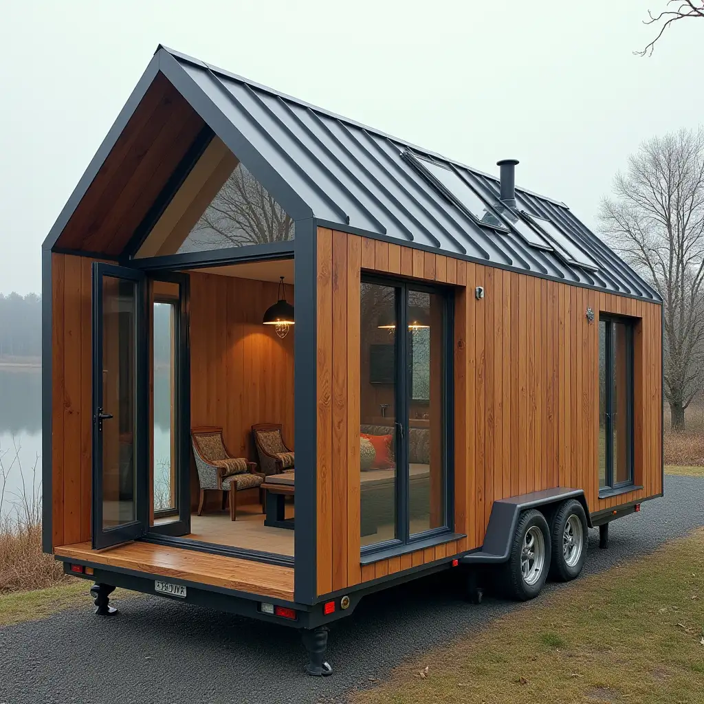 a very sleek mobile, portable, small, tiny house. it covered with wooden and trapeze tiny black metals. at side of it has huge window through which one can see the inside. there is dining room in first floor. it has pitched roof