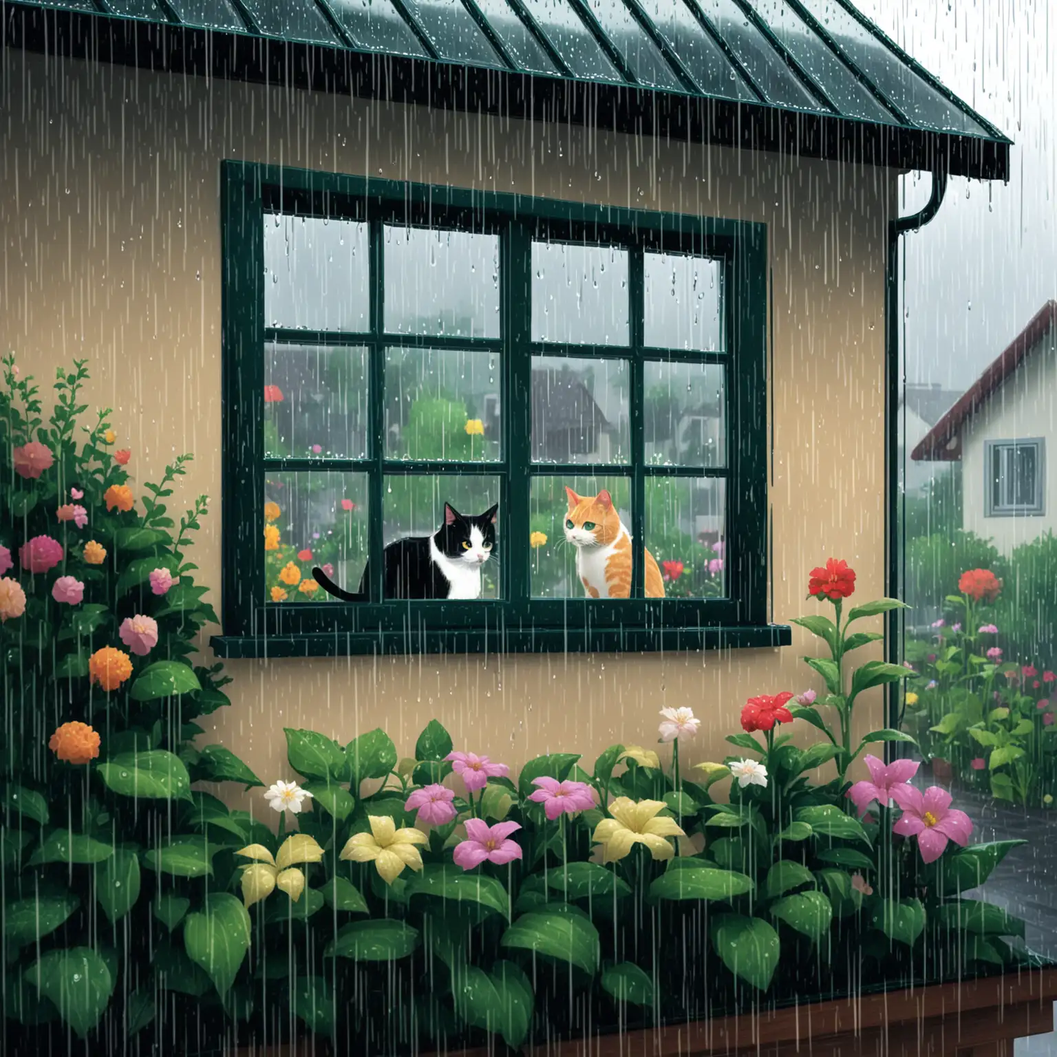 House with Garden in Rain and Cat Sitting at Window