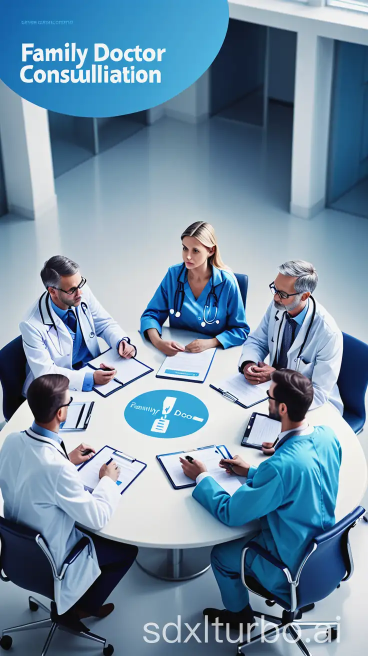 Five doctors sitting around a round table discussing medical records, modern hospital meeting room with blue tones, 'Family Doctor Joint Consultation' in white bold text at center, realistic style, high resolution