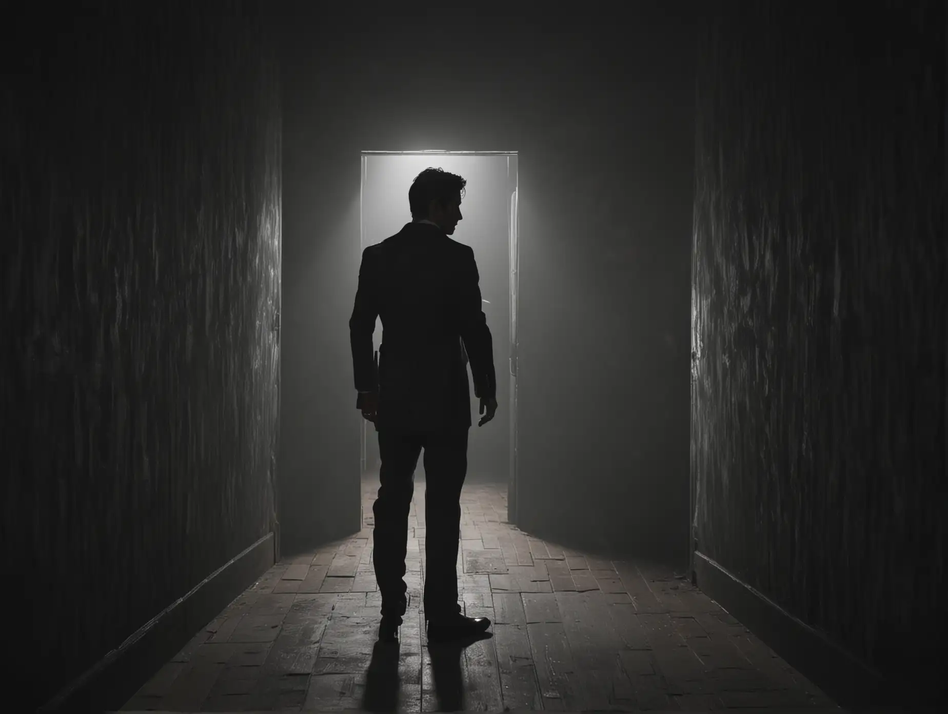 Man-in-Fancy-Black-Clothes-Entering-Dark-Room