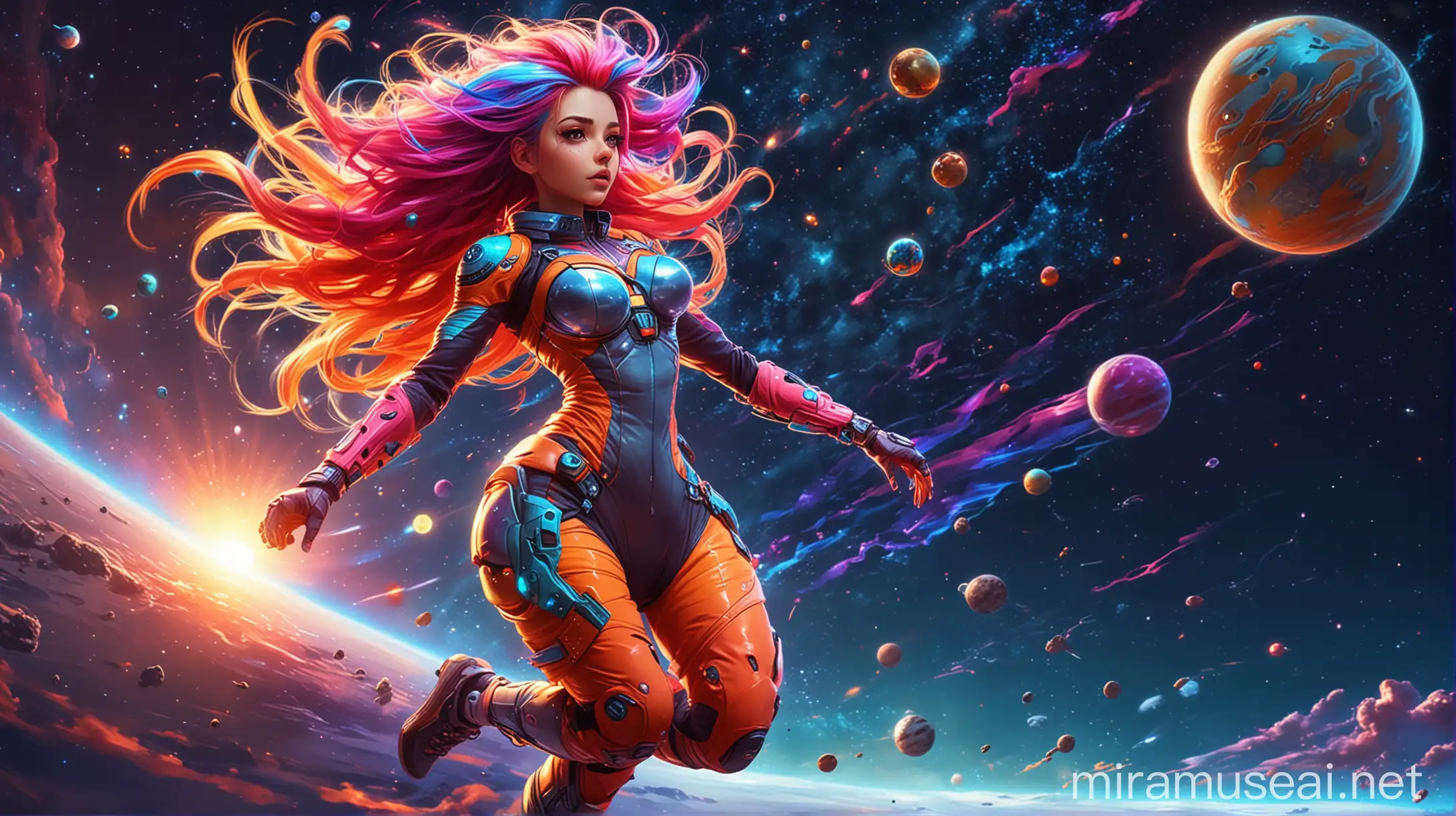 Dynamic Woman in Futuristic Spacesuit Against a Colorful Night Sky