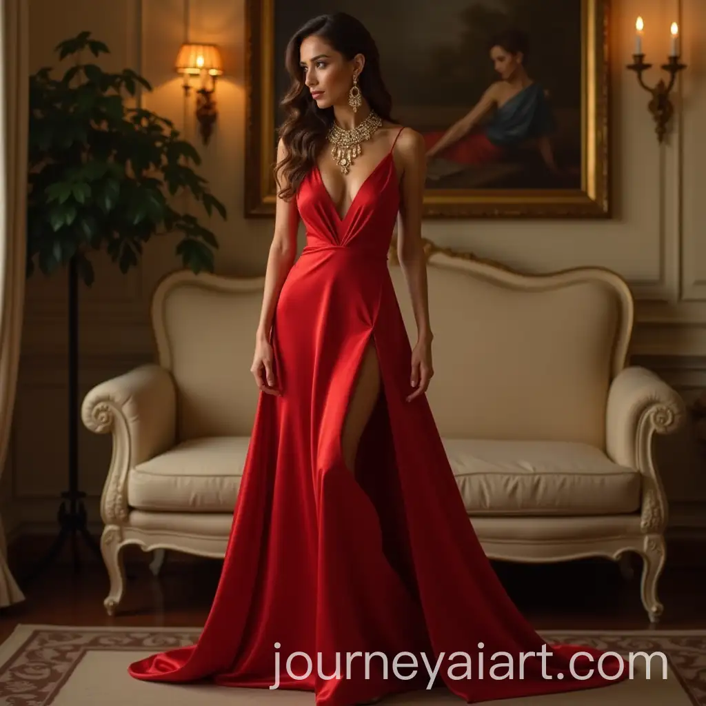 Glamorous-Woman-in-Red-Satin-Gown-with-Gold-Jewelry-in-Luxurious-Room