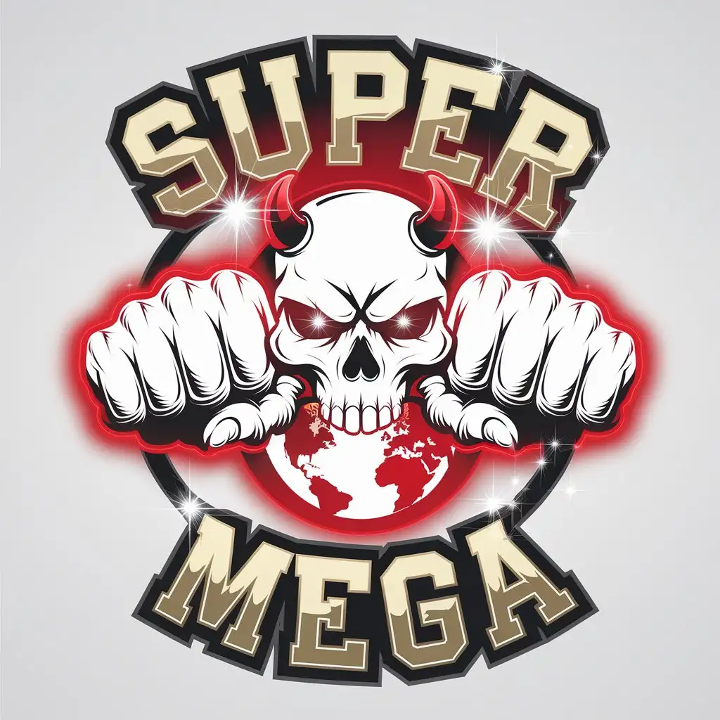 LOGO Design for SUPER MEGA Skull with Fists Crushing Earth Minimalistic Red and Gold Theme