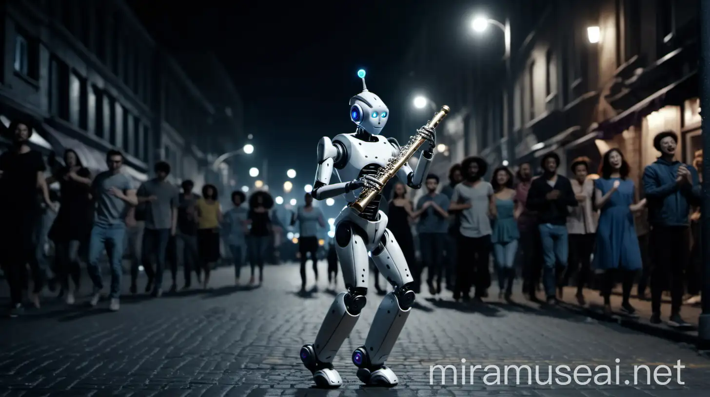 Robot Playing Flute Amid Nighttime City Dance