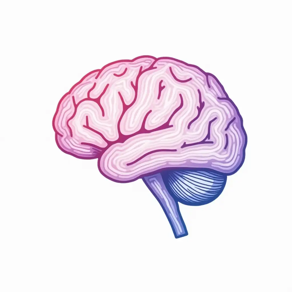 Draw a brain in a minimalistic style, with lines in pink, blue, purple, and lavender color, from the side, on a white background