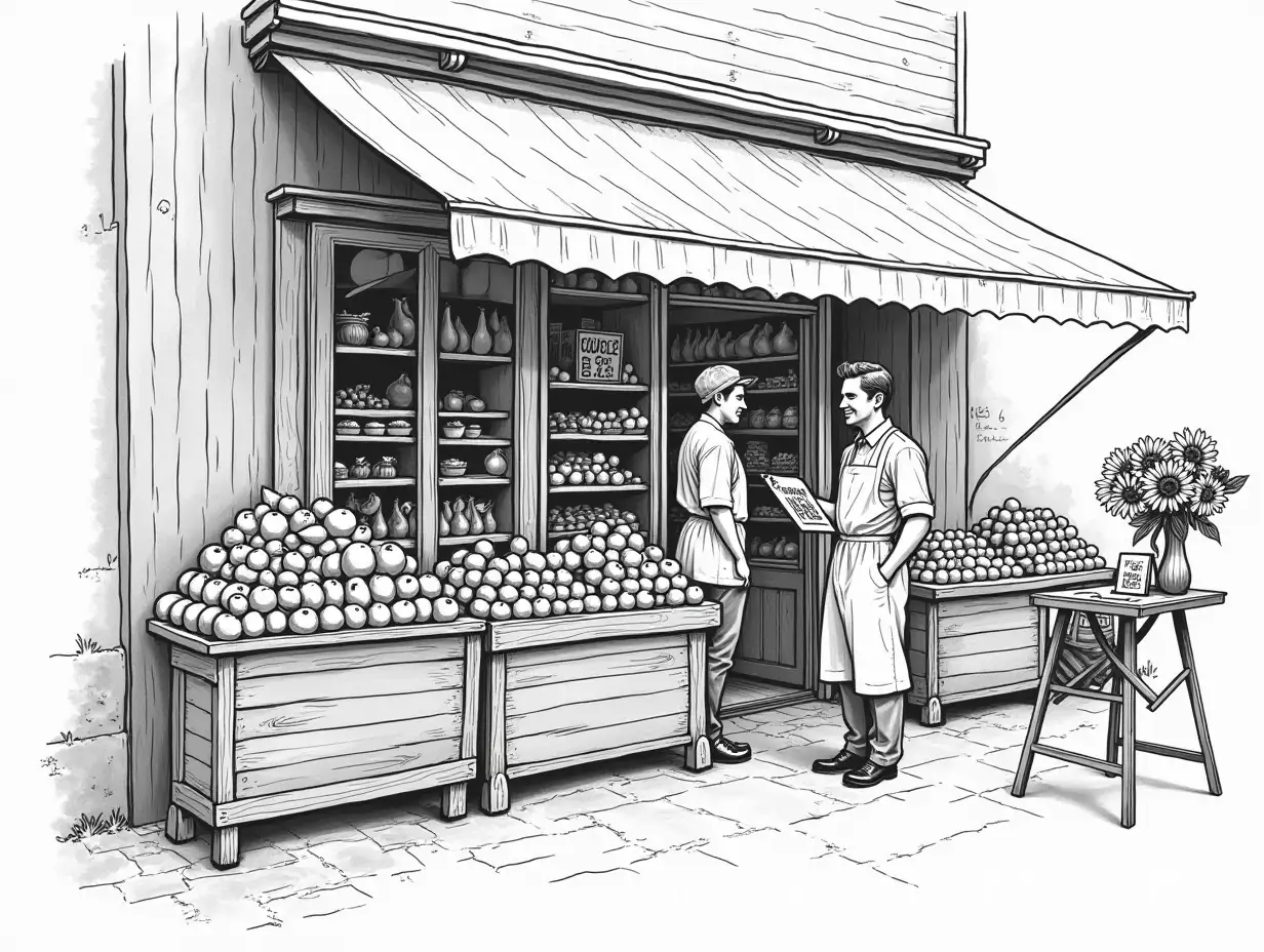 Vintage-French-Grocery-Store-Sketch-1950s-Market-Scene-with-Fruit-Stalls-and-Greengrocer