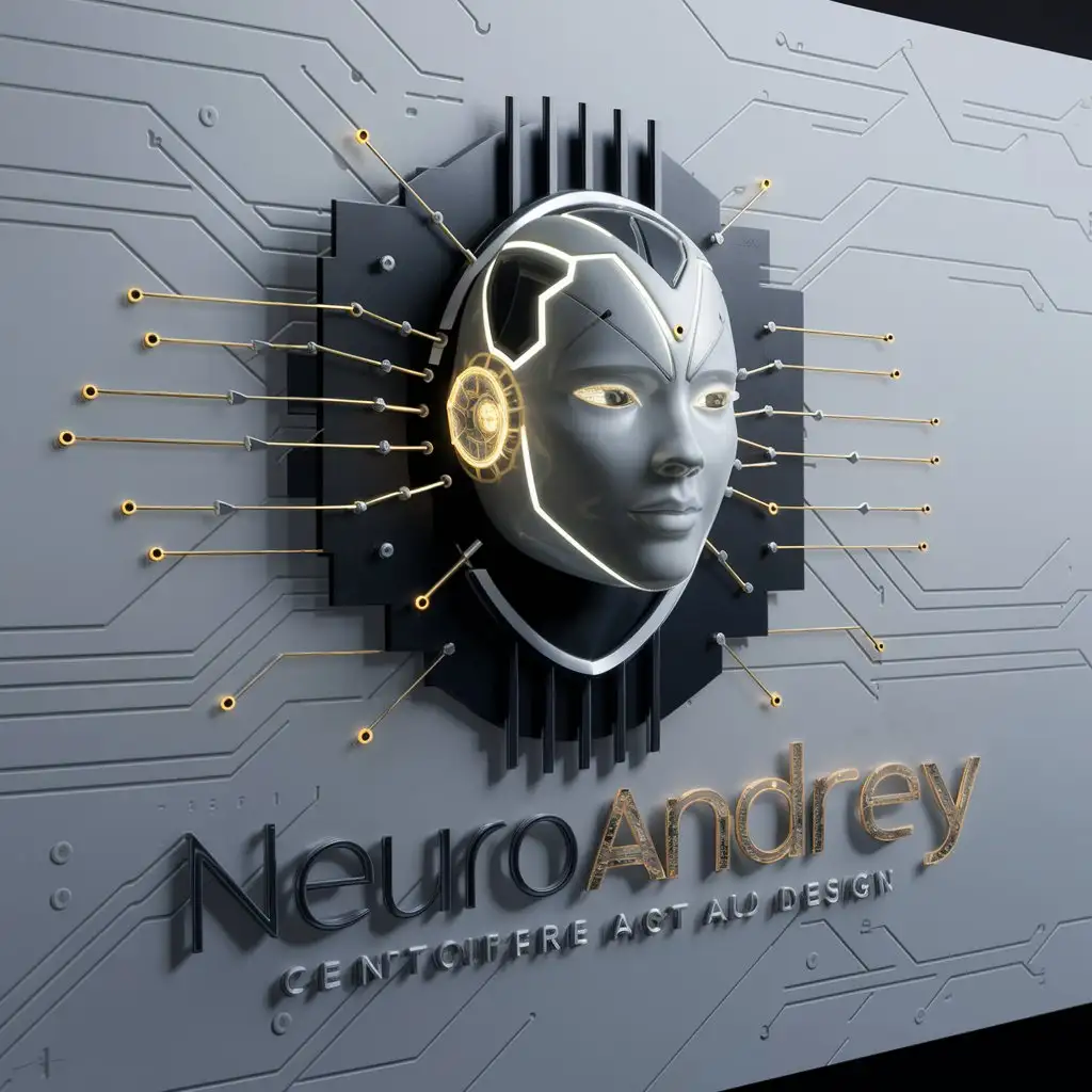 a logo design,with the text "Neuroandrey", main symbol:Futuristic AI logo, centered stylized robotic head. Abstract, geometric shapes forming a sleek, intelligent face. Glowing golden accents within dark metallic structure. Neural network patterns radiating from the head. Text 'neuroandrey' below in modern, tech-inspired font. Light gray background with subtle circuit-like lines. Black and silver color scheme with gold highlights. Clean, professional design. 3D rendered, high contrast, sharp details. Cyberpunk aesthetic meets corporate professionalism.,Moderate,be used in Technology industry,clear background