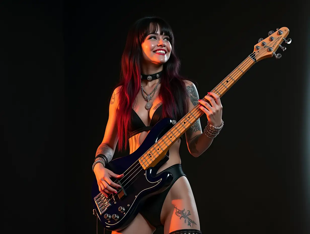 user_prompt: Hyperrealistic representation of a beautiful white woman smiling with -tattoo, futuristic long black-red checked hair and laced boots, playing bass guitar with a sweet look at expensive, colorful and futuristic jewelry. Background blurred, black 120-mm shot