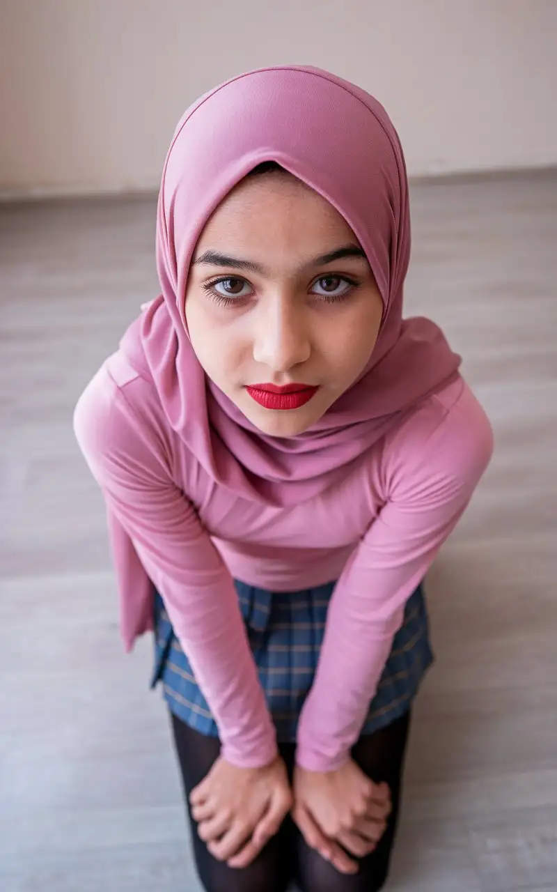 Two-14YearOld-Turkish-Girls-in-Pink-Tops-and-Hijabs-Kneeling-on-Light-Wood-Flooring