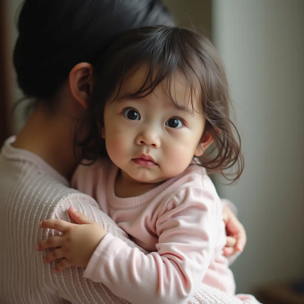 A 5-year-old Korean girl in her mother’s arms