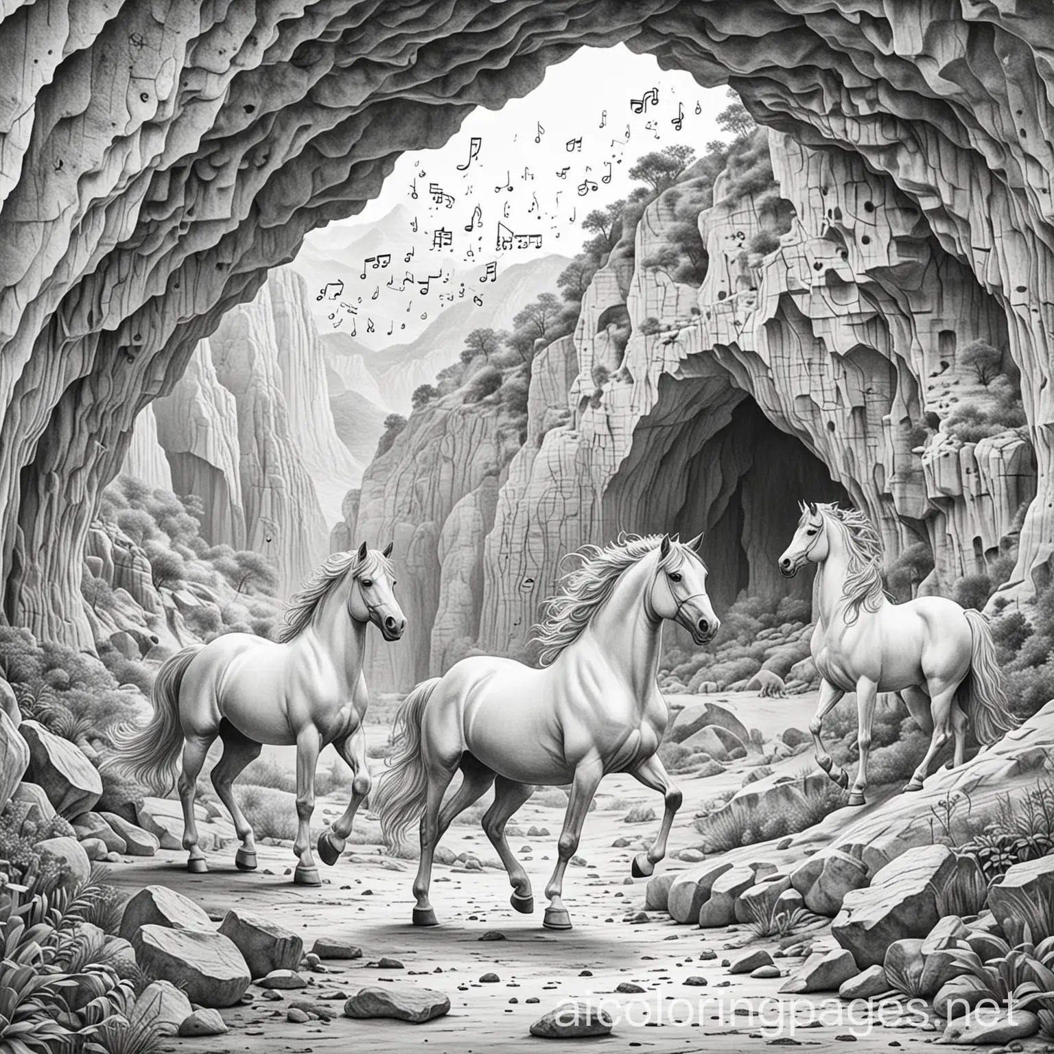 Eight-Horses-Dancing-in-Front-of-a-Cave-with-Musical-Notes