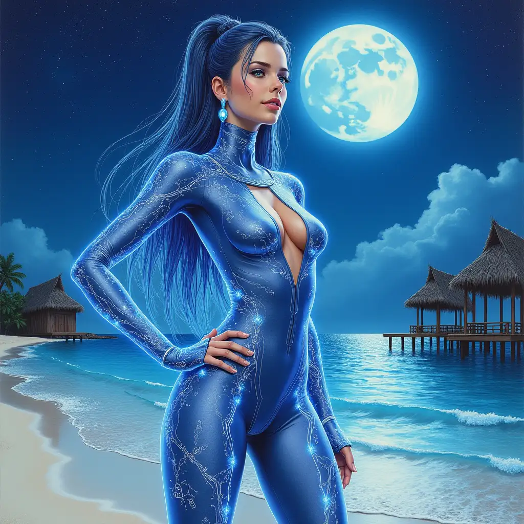 Futuristic-Humanoid-Feminine-Figure-on-a-Tropical-Beach-in-One-Piece-Style