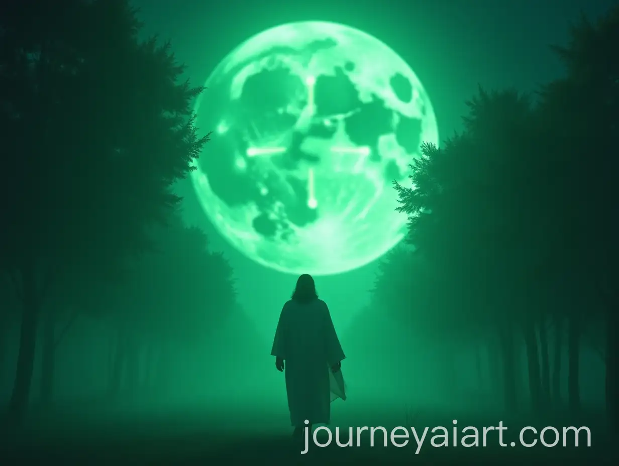Jesus-Walking-Under-a-GlowingAI-Image-Expansion-Emerald-Moon-with-a-CloverShaped-Aura