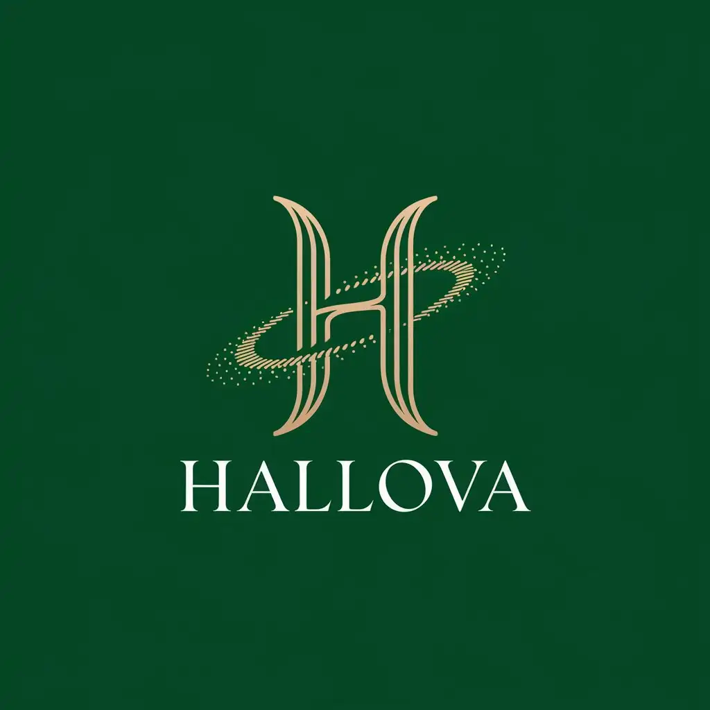 LOGO Design for HALLOVA Abstract Golden H with Circular Motif on Emerald Green Background