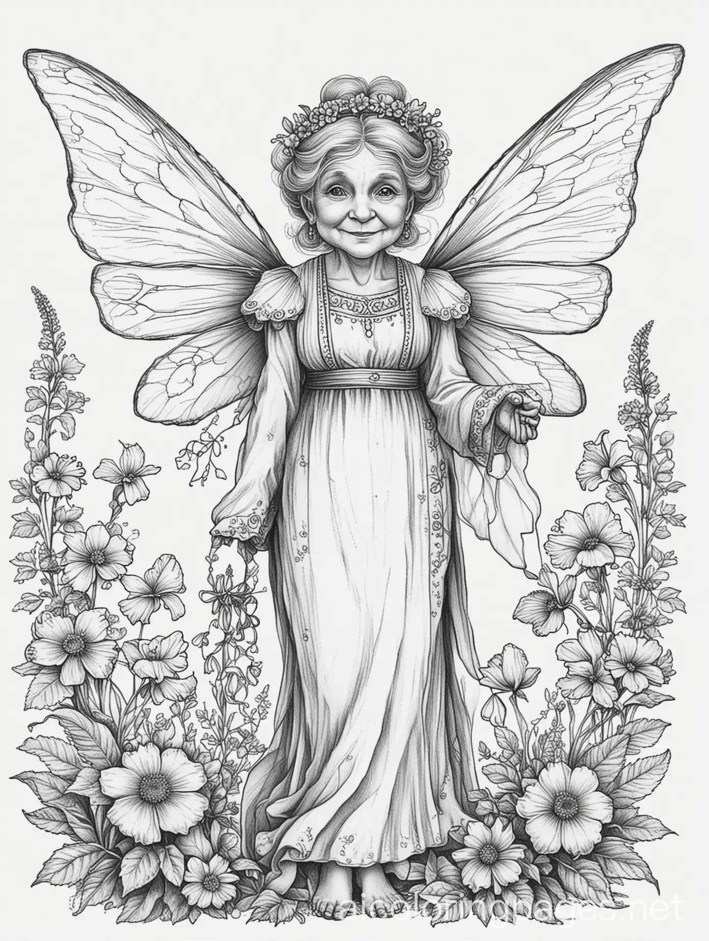 Grandma-Fairy-with-Wings-and-Flowers-Black-and-White-Line-Drawing-Coloring-Page-for-Kids