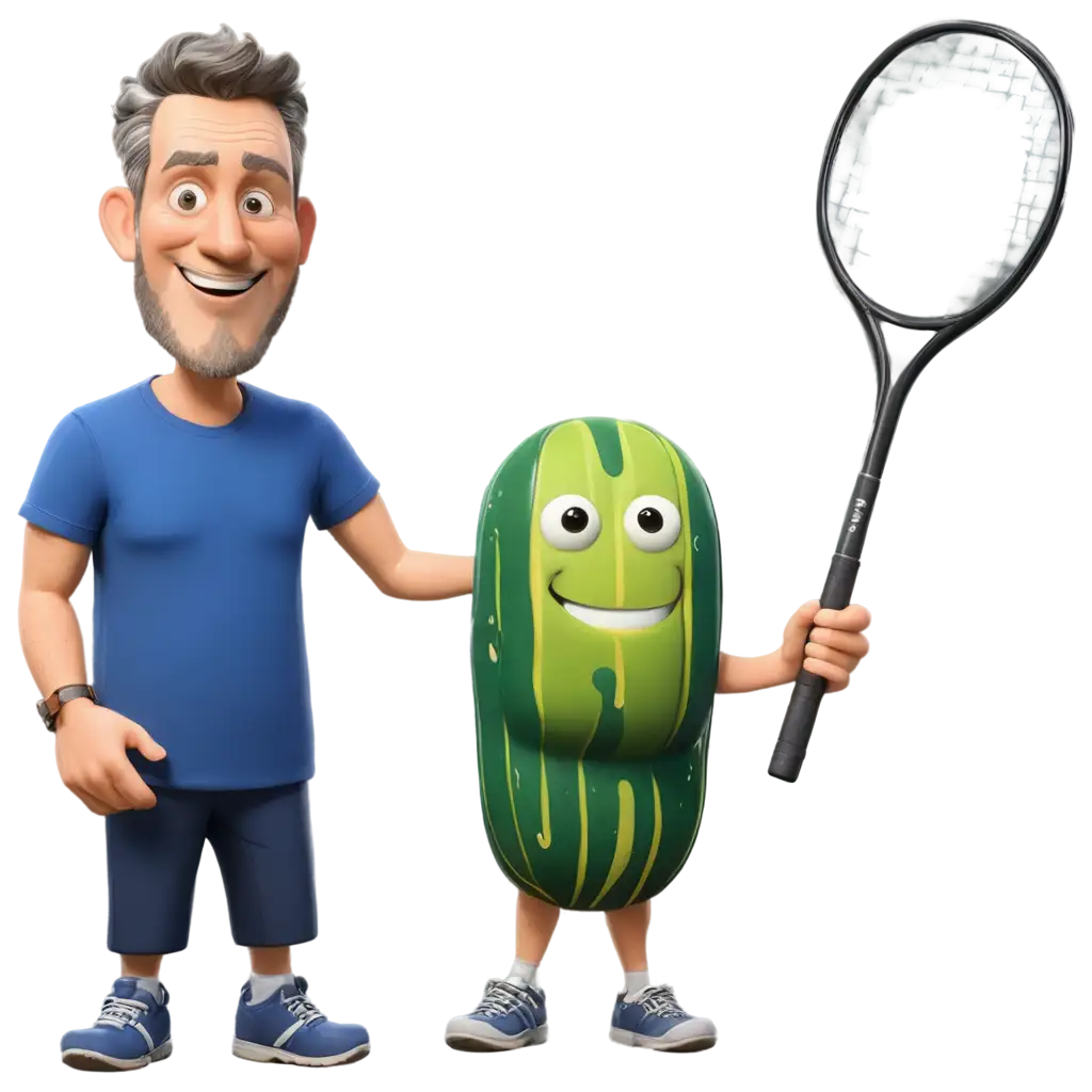 A caricature of 2 pickles holding pickleball paddles like a mixed doubles pair