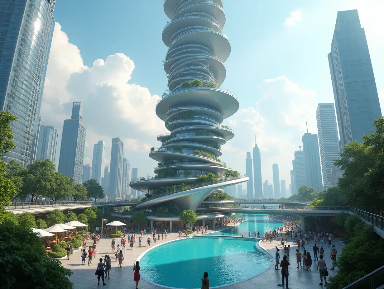 Create a high-resolution, realistic panorama image of a futuristic spiral tower in a big city with subway, shopping mall, bridge, swimming pool and many people, many plants and cloudy sky