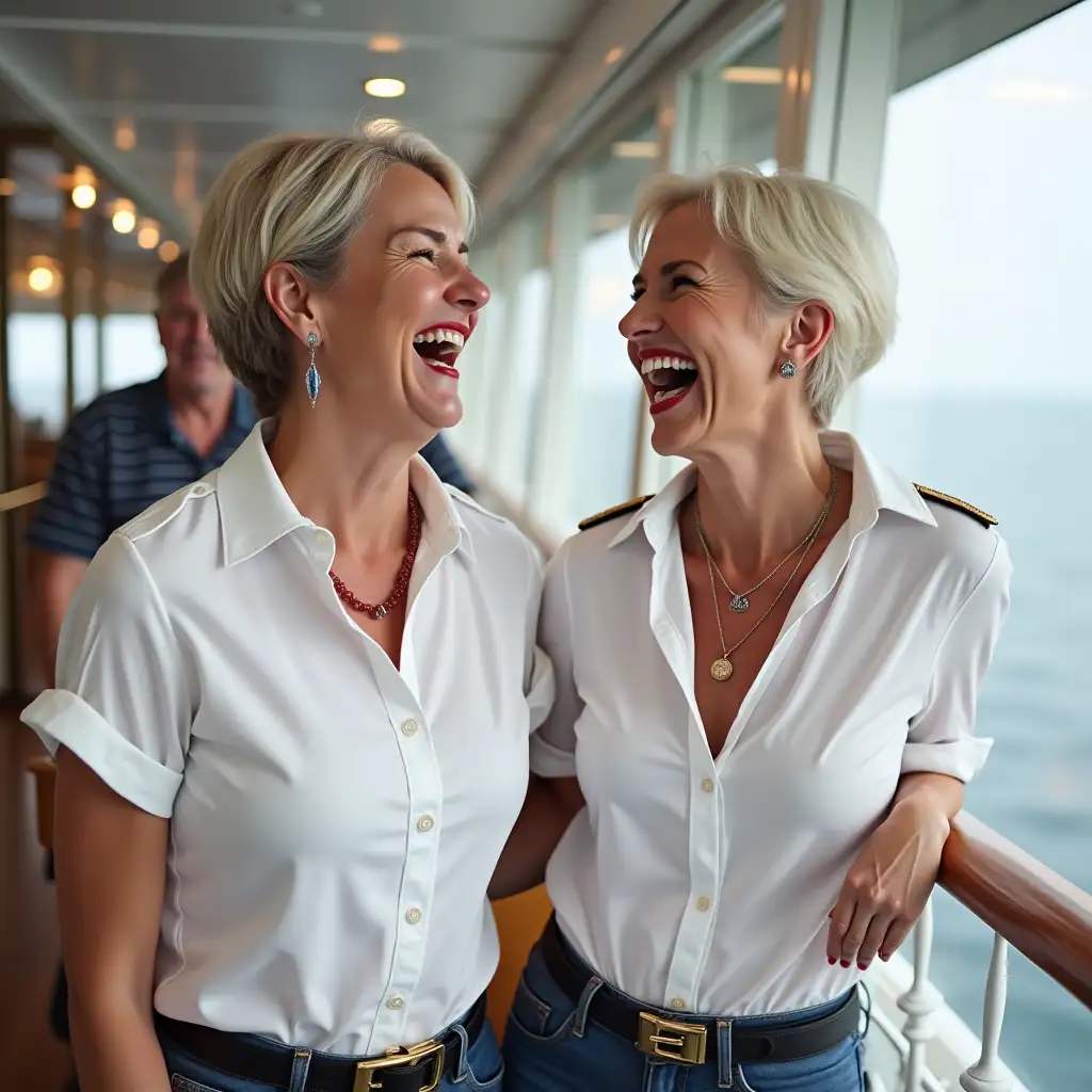 two white Norwegian lady, in white deep-necked cruise officer button-up shirt, laughing with her mouth open, red lipstick accentuating her smile,belt on waist, big wide hips, chest are fully grown, jewelry, short hair, HD, screaming at cruise ship, photo-realism