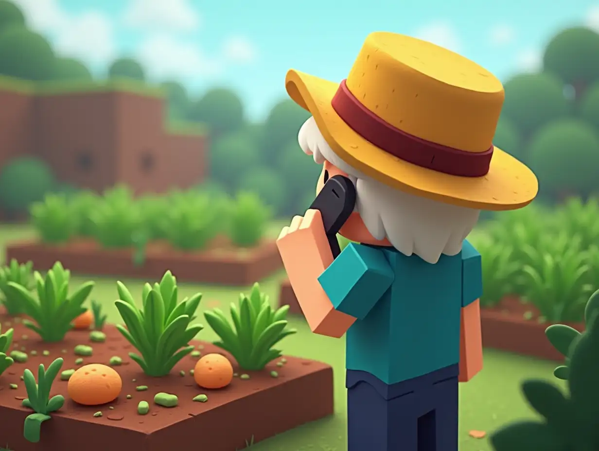 steve from minecraft with a white beard, wearing a straw hat, looking at a vegetable garden with potatoes, view from behind steve, holding a phone in his hands and talking on it, in a cartoon style