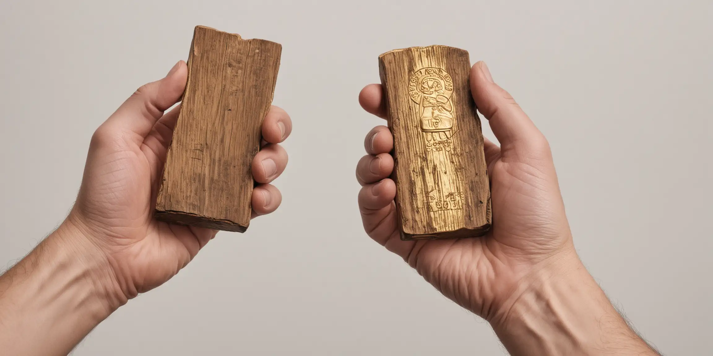 Two Hands Holding Wood and Gold Bar on White Background