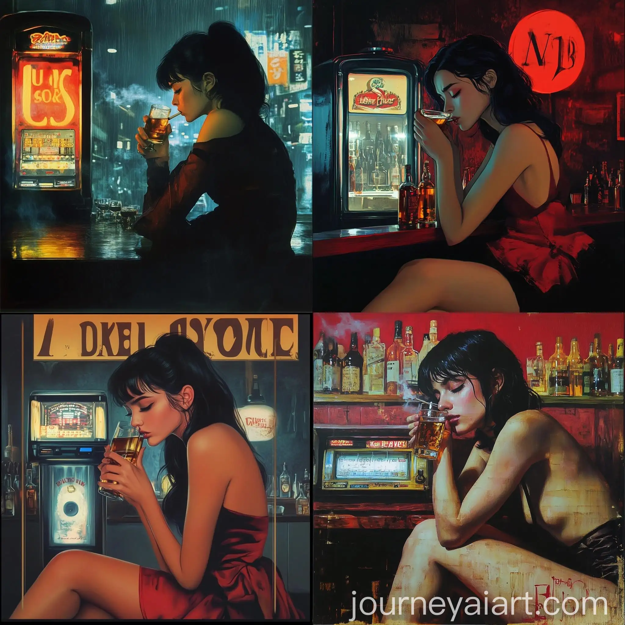 Melancholic-Girl-Drinking-Whiskey-at-Bar-with-Jukebox-Music