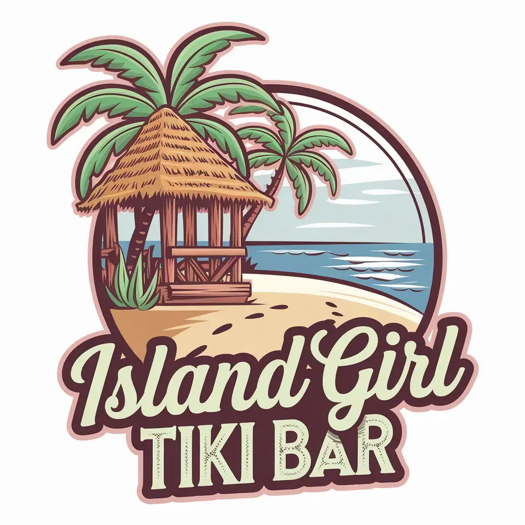 LOGO Design For Island Girl Tiki Bar Tropical Palm Trees and Tiki Hut in Pastel Colors on White Background