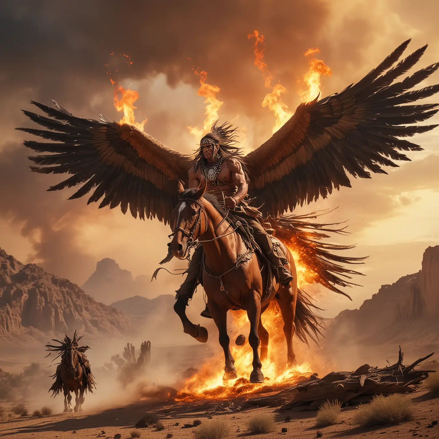 Fiery Apache Warriors with Giant Wings in a Desert Landscape