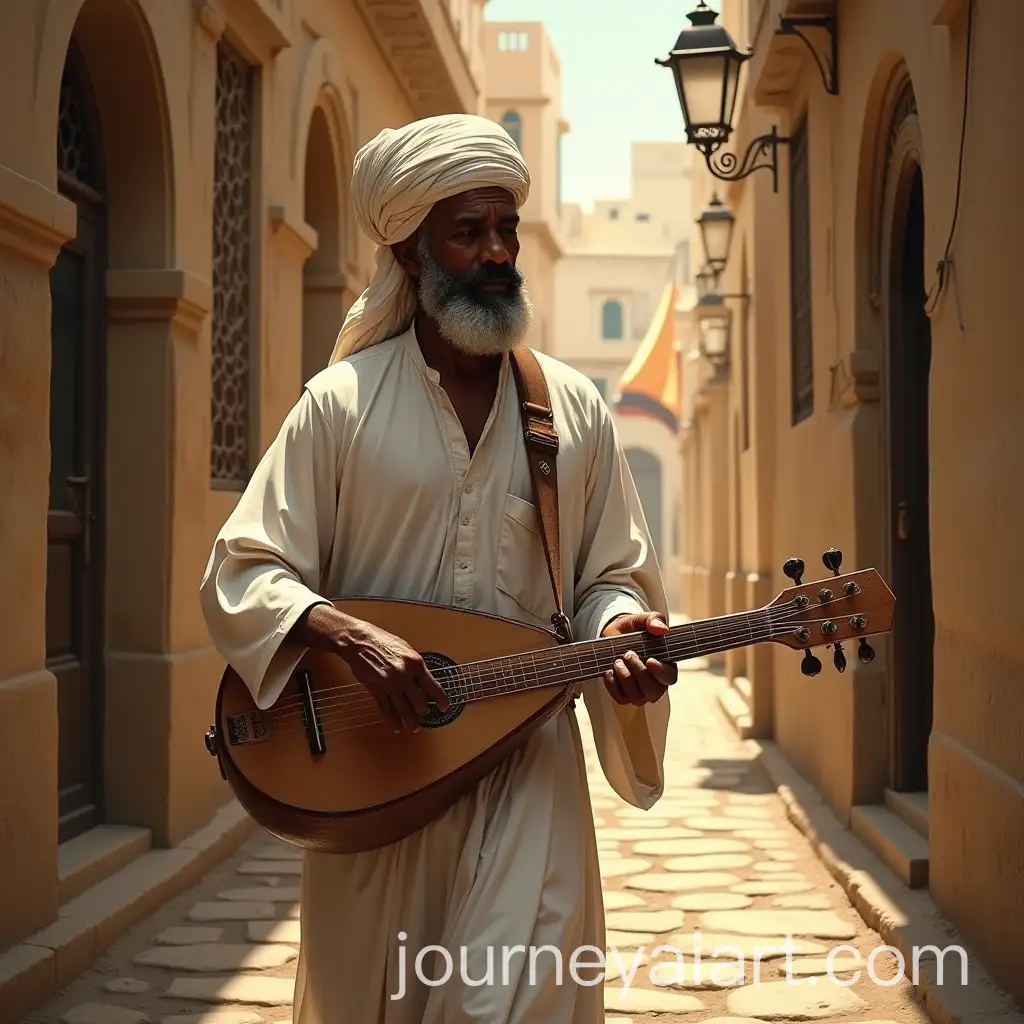 Elderly-Upper-Egyptian-Man-Playing-Rababa-in-Old-Cairo-Alley-at-Sunset