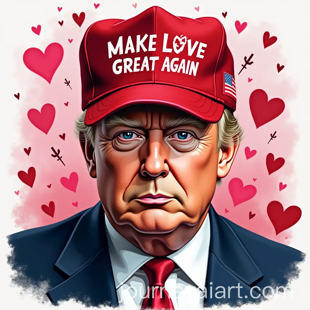 Trump-Wearing-Make-Love-Great-Again-Hat-with-Romantic-Heart-Background