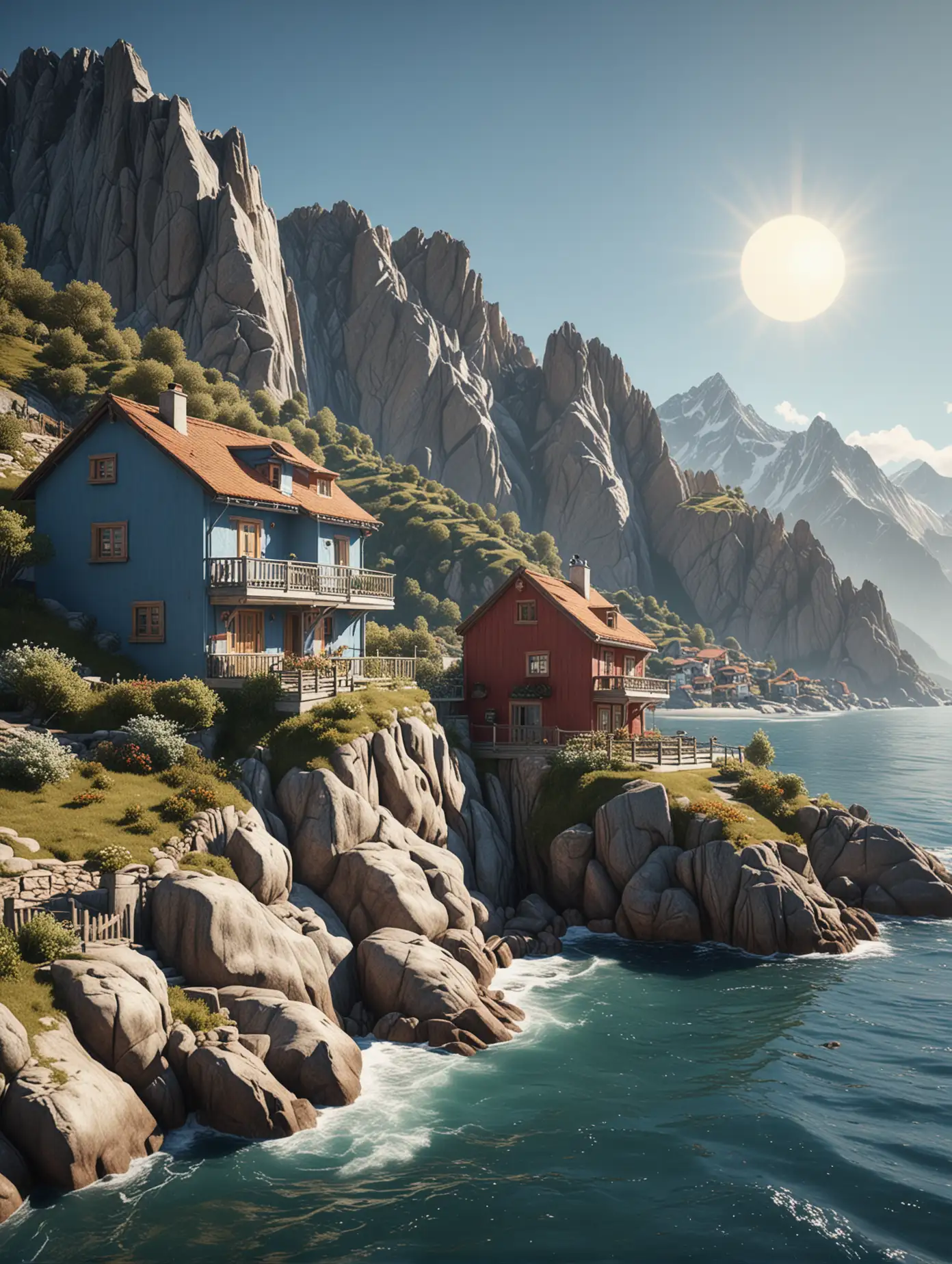 Cozy-Houses-with-Mountains-and-Sea-Under-Bright-Sun-in-High-Detail