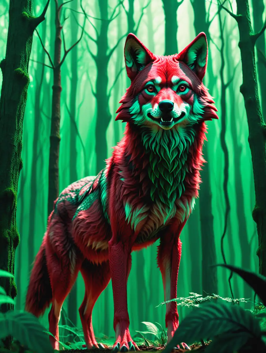 Fantasy Movie Scene Red Wolf in Enchanted Green Forest