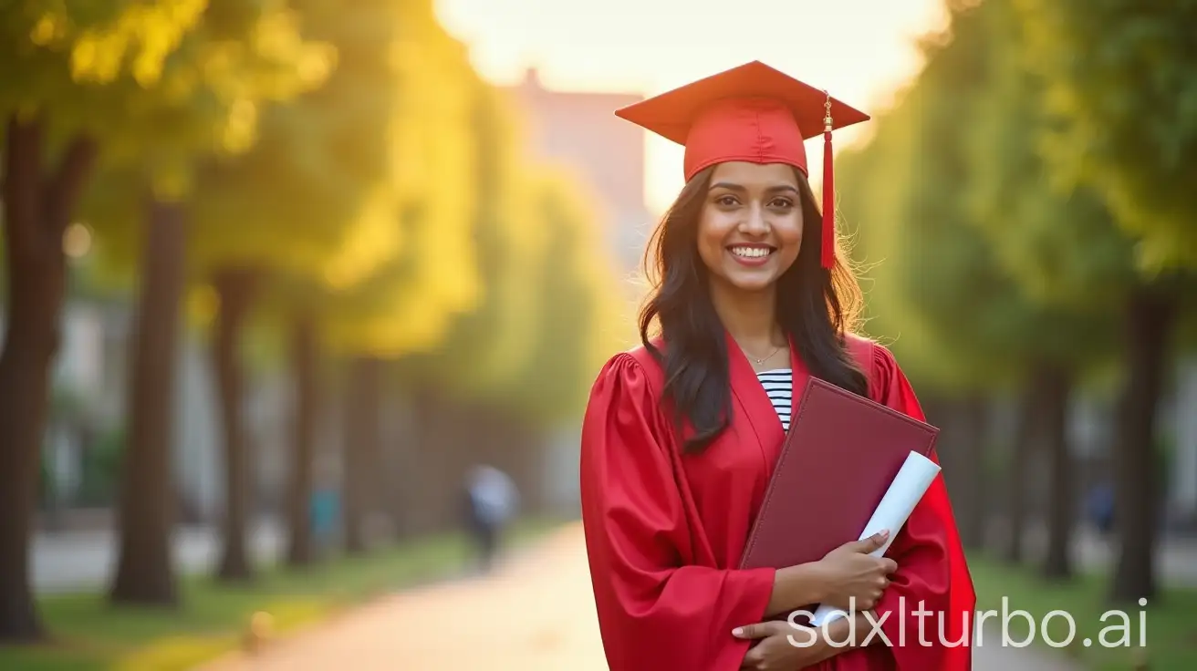 Indian-Woman-Graduating-with-MBA-in-Red-Gown-on-University-Campus